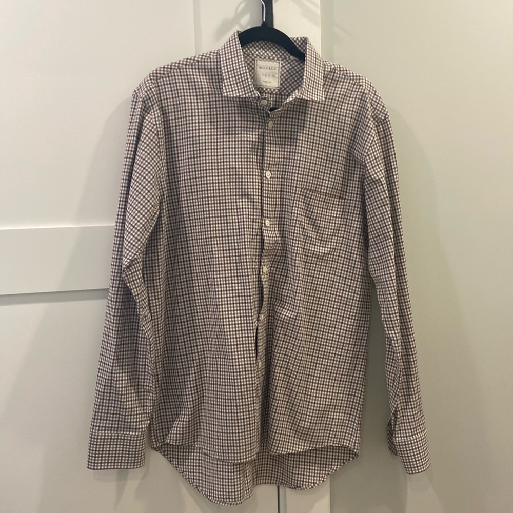 This is a Billy Reid shirt in a large. The colors are white, grey, and red plad.